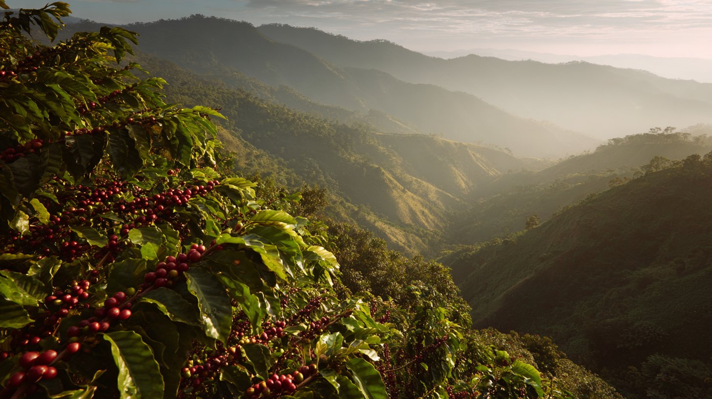Coffee origin — lush highland coffee farm with ripe red cherries and misty mountain valleys